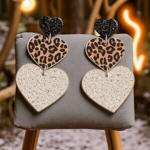 Chic Leopard Print Triple Heart Dangle Earrings Cute Trendy Glitter & Glam! ✨